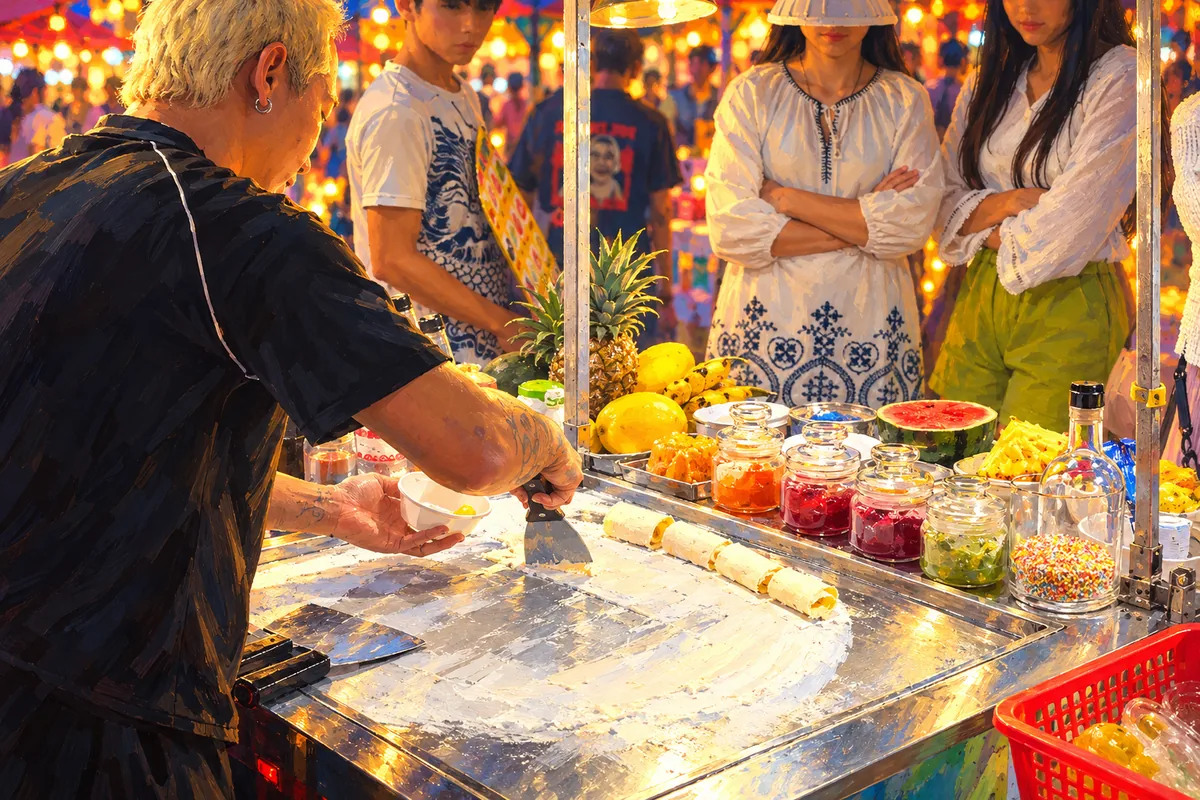 Rolled ice cream being prepared at the market
