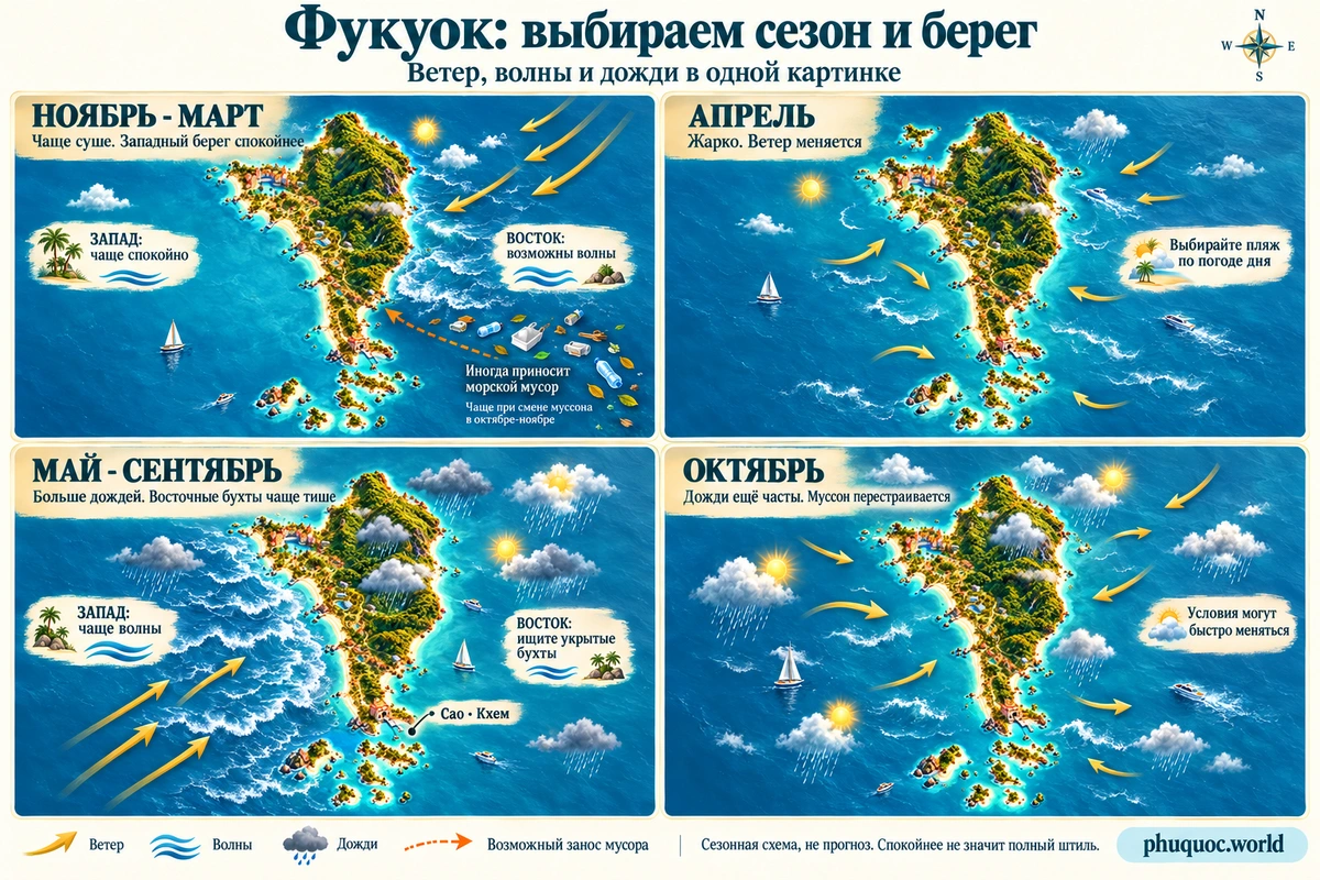 Seasonal map of Phu Quoc: wind, waves, rain and possible marine litter transport