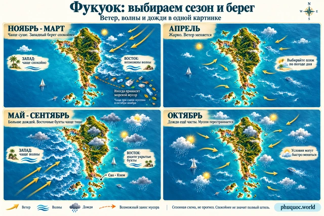 Seasonal map of Phu Quoc: wind, waves, rain and possible marine litter transport