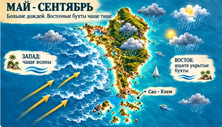 May-September: more rain, often quieter eastern bays