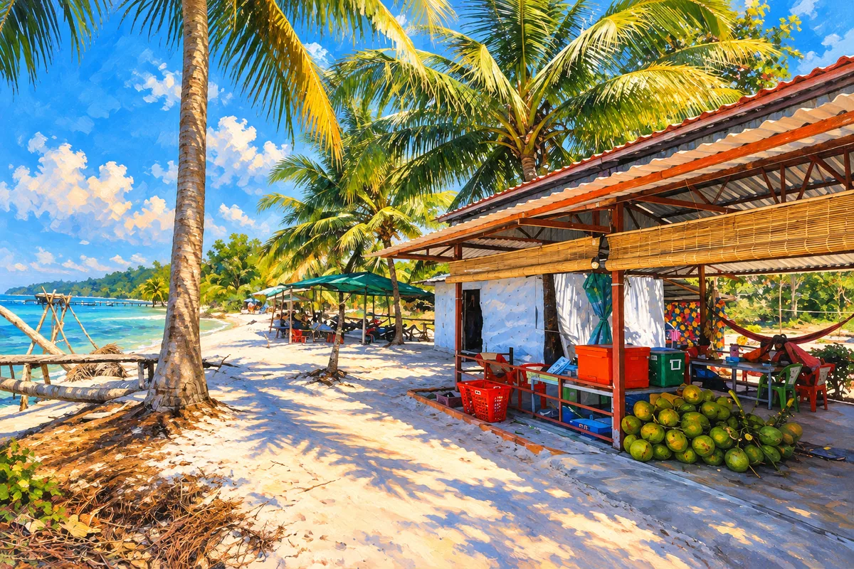 Palms and beach stalls at Rach Vem